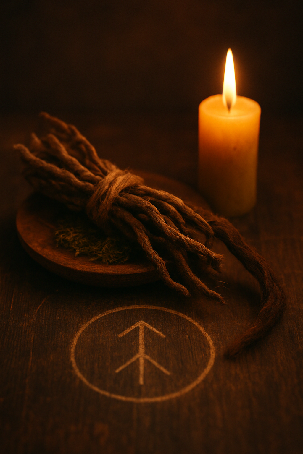 A bundle of cinnamon sticks tied with string, a lit candle, and a chalk-drawn arrow pointing upward on a dark wooden surface.