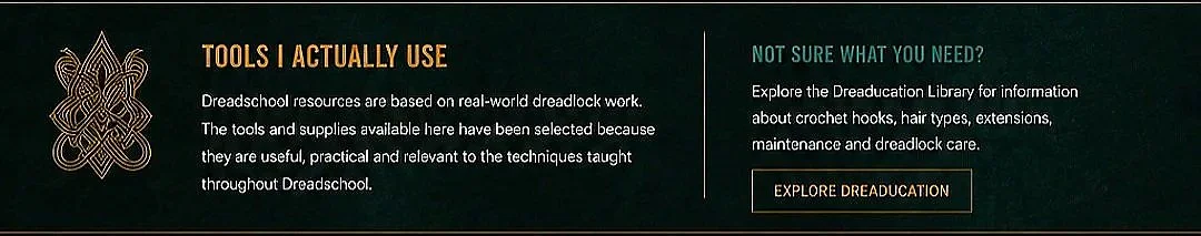 Section of a webpage about dreadlock maintenance tools, including headings for "Tools I Actually Use" and "Not Sure What You Need?" with a button labeled "Explore Dreaduction."