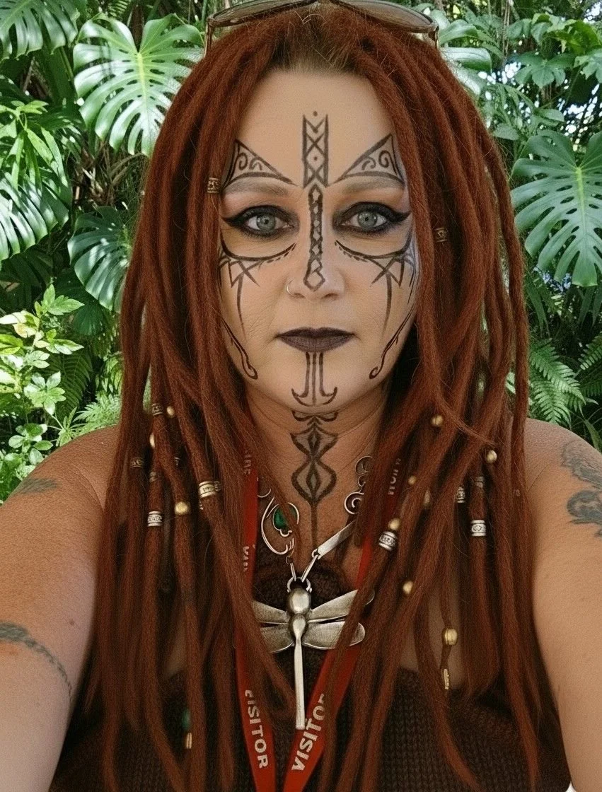 A woman with intricate black tribal face paint, gray eyes, and long red dreadlocks adorned with beads, standing in front of lush green foliage.