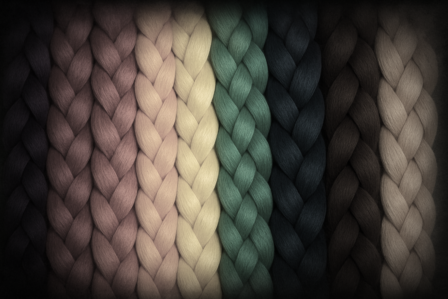 Close-up view of braided yarns in various colors, including black, beige, green, yellow, pink, and dark brown.