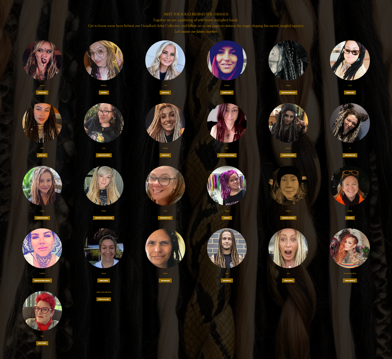 Collection of 22 circular profile photos of diverse women with different hairstyles, makeup, and accessories, arranged in a grid on a dark, textured background with yellow text at the top describing a gathering of women. Each photo has a yellow label with the woman's name below it.