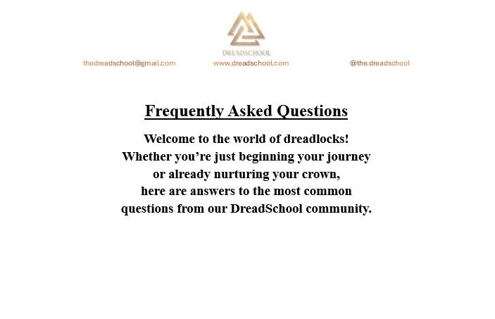 Document titled 'Frequently Asked Questions' from DreadSchool community with contact info, welcoming message about dreadlocks, and a logo at the top.