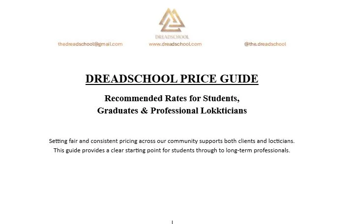 Cover page of a DREADSCHOOL price guide document, with the title 'DREADSCHOOL PRICE GUIDE' and additional text about pricing for students, graduates, and professional locksmiths.