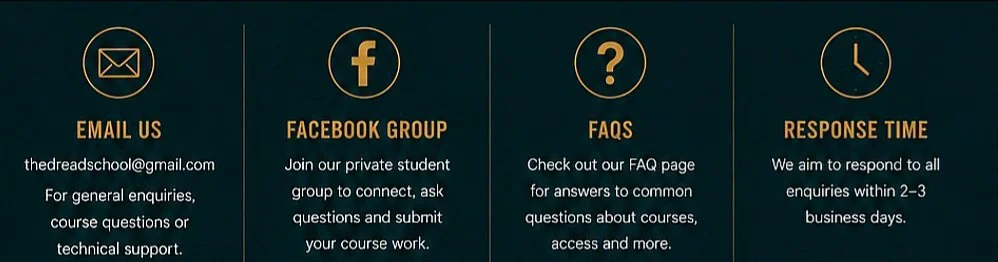Contact information section with icons and details for email, Facebook group, FAQs, and response time. Email: thedreadschool@gmail.com. Facebook group: join private student group to connect and ask questions. FAQs: check FAQ page for common questions about courses and access. Response time: we aim to respond within 2-3 business days.