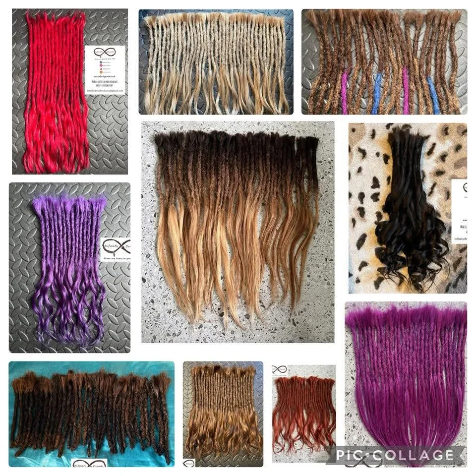 Collection of various hair extensions and weaves in different colors and textures arranged on different backgrounds.