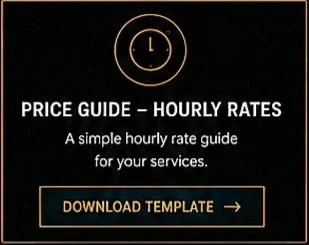 Price guide for hourly rates, with a clock icon showing the letter 'L' and a call to action button to download a template.
