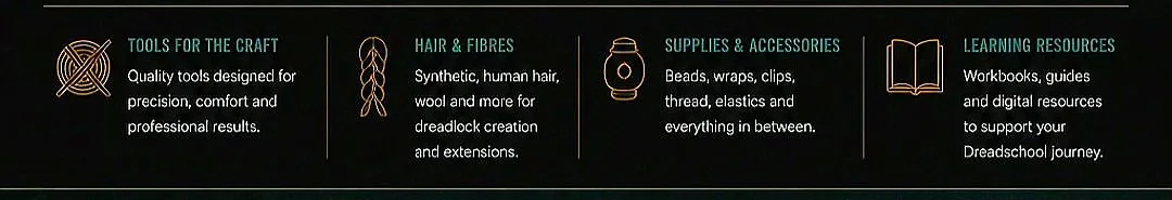 Chart listing categories of dreadlock-making supplies: Tools for the craft, Hair & fibres, Supplies & accessories, Learning resources.