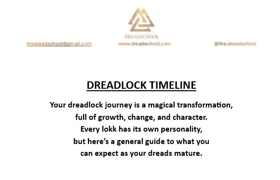 Document titled 'DREADLOCK TIMELINE' with text about the growth, change, and character of dreadlocks, and a logo at the top.