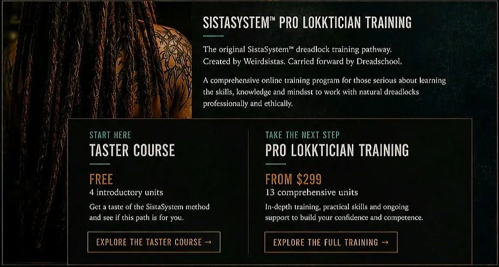 Advertisement for SistaSystem Pro Lokkician Training, featuring a woman with long, boxed dreadlocks on the left. The ad describes online training programs, with options for a free Taster Course and a paid Professional Lokkician Training.