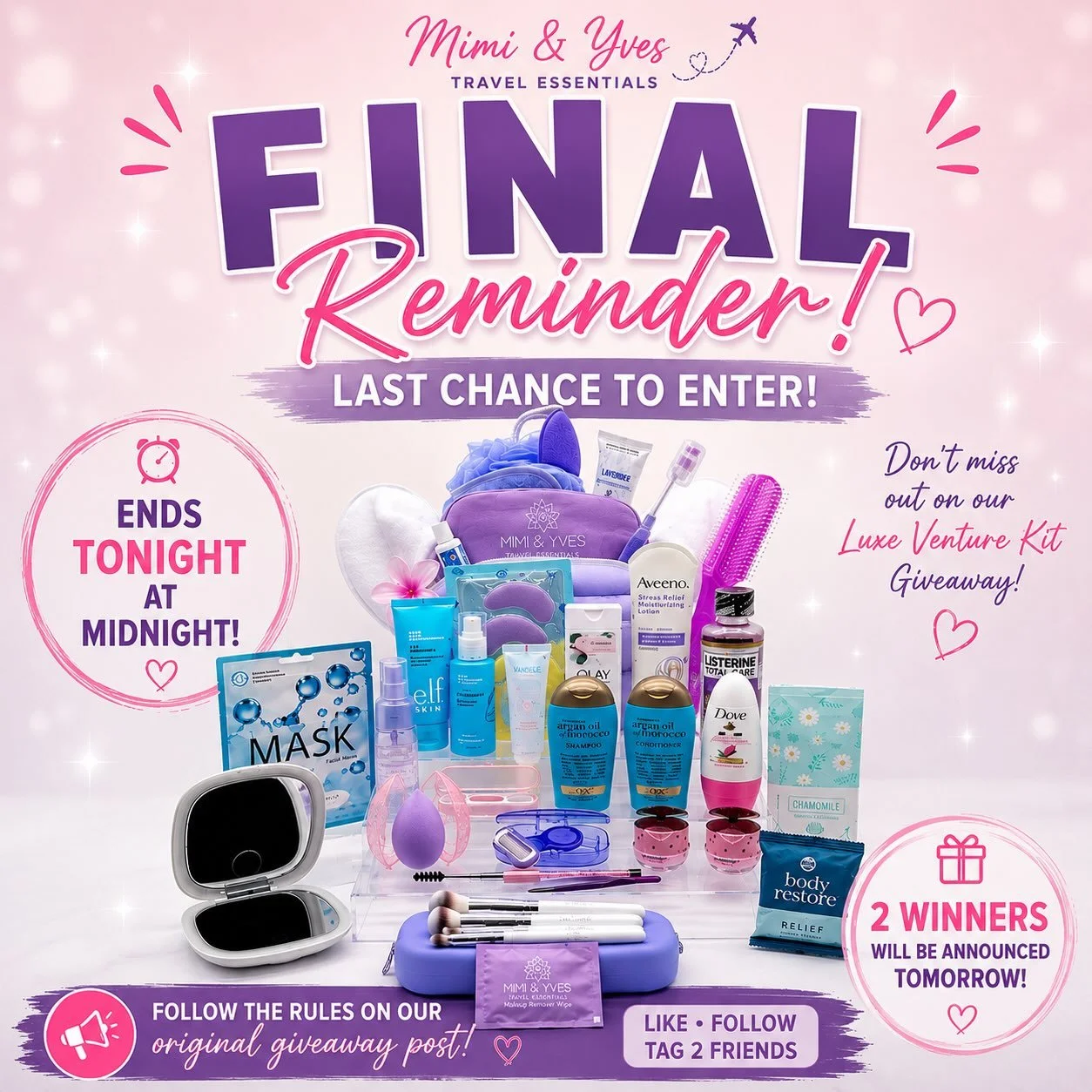 ✨ FINAL REMINDER! ✨

This is your LAST chance to enter our Luxe Venture Kit Giveaway! 💜🎉

⏰ Entries close TONIGHT at MIDNIGHT!

We&rsquo;ll be selecting ✨ 2 lucky winners ✨, and they&rsquo;ll be announced tomorrow!

If you haven&rsquo;t entered yet