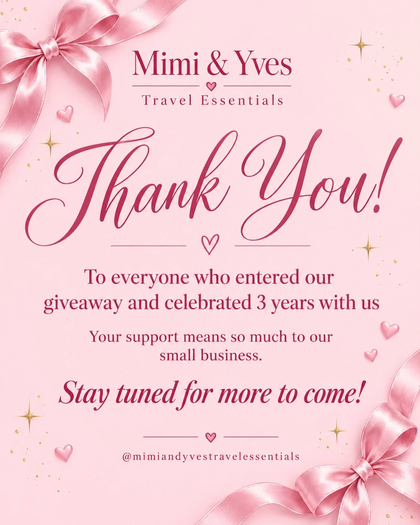Our hearts are full! 💕 Thank you to everyone who entered The Traveler giveaway and helped us celebrate 3 years of Mimi &amp; Yves Travel Essentials! 🎉✈️

Every like, comment, share, and follow helps our small business grow, and we&rsquo;re so grate