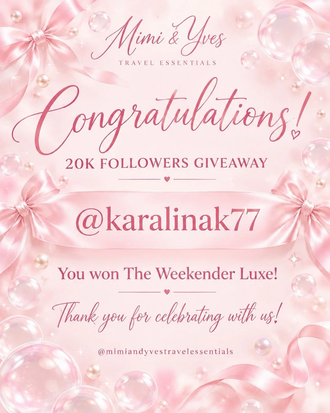💕✨ OUR WINNERS ARE HERE! ✨💕

Celebrating 20K followers with three special gifts! 🎉 Congratulations to our Weekender Luxe giveaway winners:

🎀 @karalinak77
🎀 @theeegirlmamax3
🎀 @bella174163

Each of you has won The Weekender Luxe! 🎁💕 Please ch