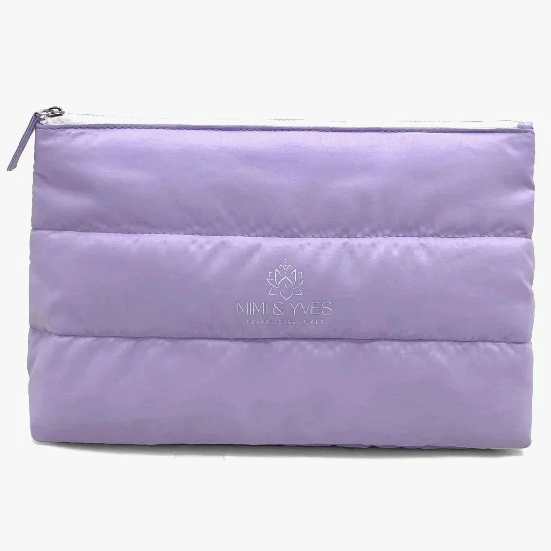 Lavender plush cosmetic pouch by Mimi & Yves, soft quilted travel makeup bag for cosmetics, skincare, toiletries, and travel essentials.