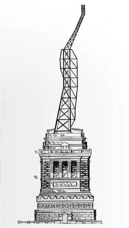Black and white illustration of the Statue of Liberty's torch, showing the detailed base and the twisted, skeletal frame of the torch.