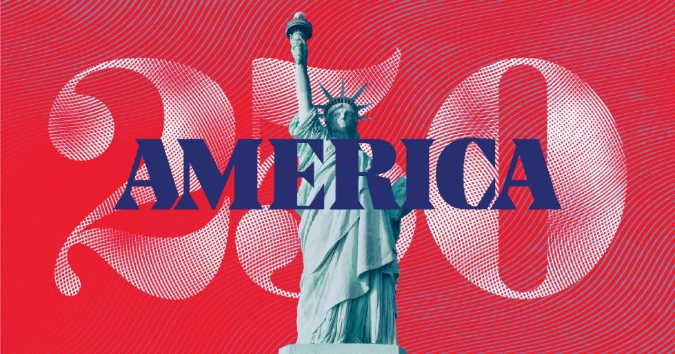 A collage of the Statue of Liberty in front of large stylized text reading '2020 AMERICA' on a red background with spiral patterns.