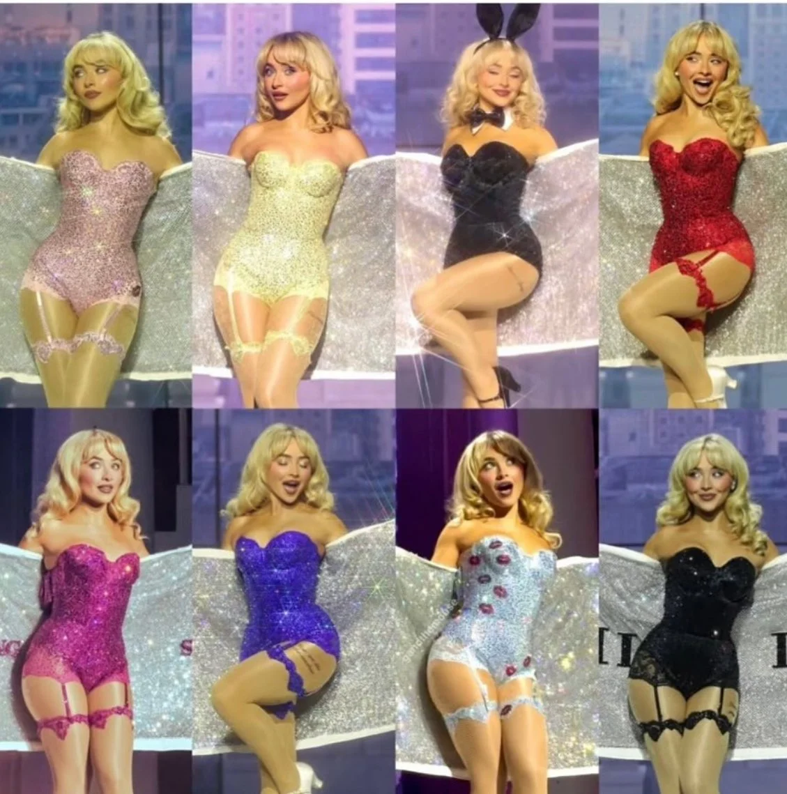 Collection of images featuring Sabrina Carpenter  dressed in colorful, glittery bodysuits with thigh-high stockings and high heels, custom made at WHAE studio  posing in various playful or surprised expressions, with a glittery background.