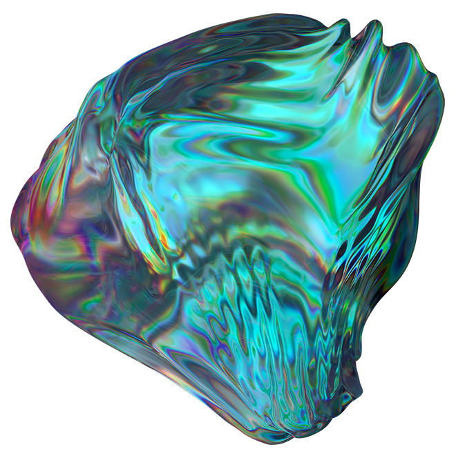 An abstract, iridescent, multicolored crystal with swirling patterns on a black background.
