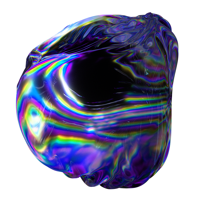 A multicolored, iridescent, abstract glass or crystal sculpture with swirling patterns and a shiny surface.