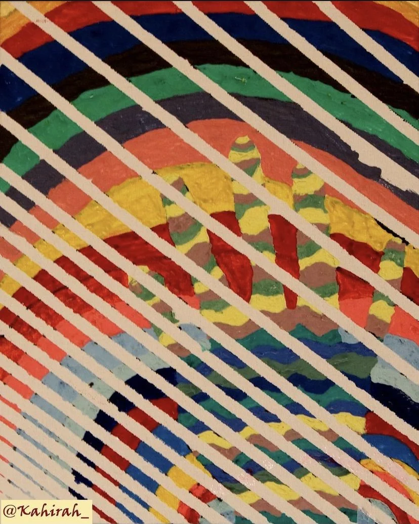 A colorful artwork featuring a rainbow with red, orange, yellow, green, blue, and purple stripes, overlaid with diagonal white lines. The rainbow has a camouflage pattern in the middle. The signature '@Kahirah_' is visible in the bottom left corner.
