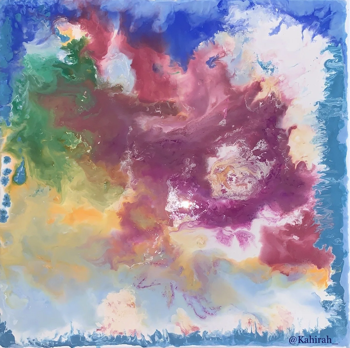 An abstract, colorful space-themed painting depicting a vibrant nebula cloud framed by textured borders, bursting with rich shades of cosmic magenta, deep blues, emerald green, and bright gold accents.