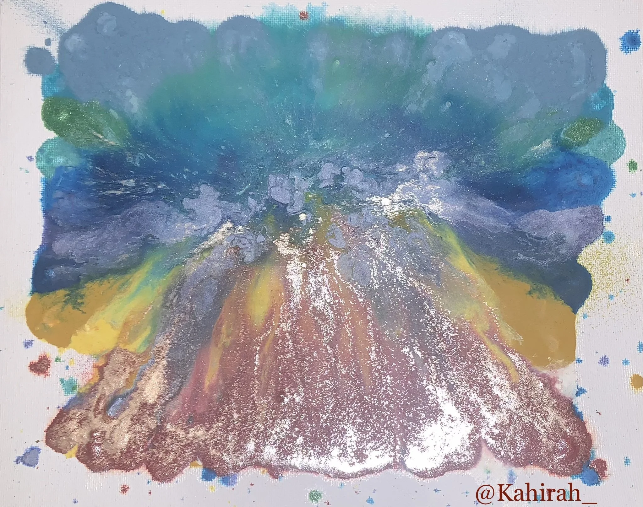 Abstract watercolor painting with shades of blue, green, yellow, pink, and metallic silver, resembling a rainbow or explosion of colors with splashes around the edges.