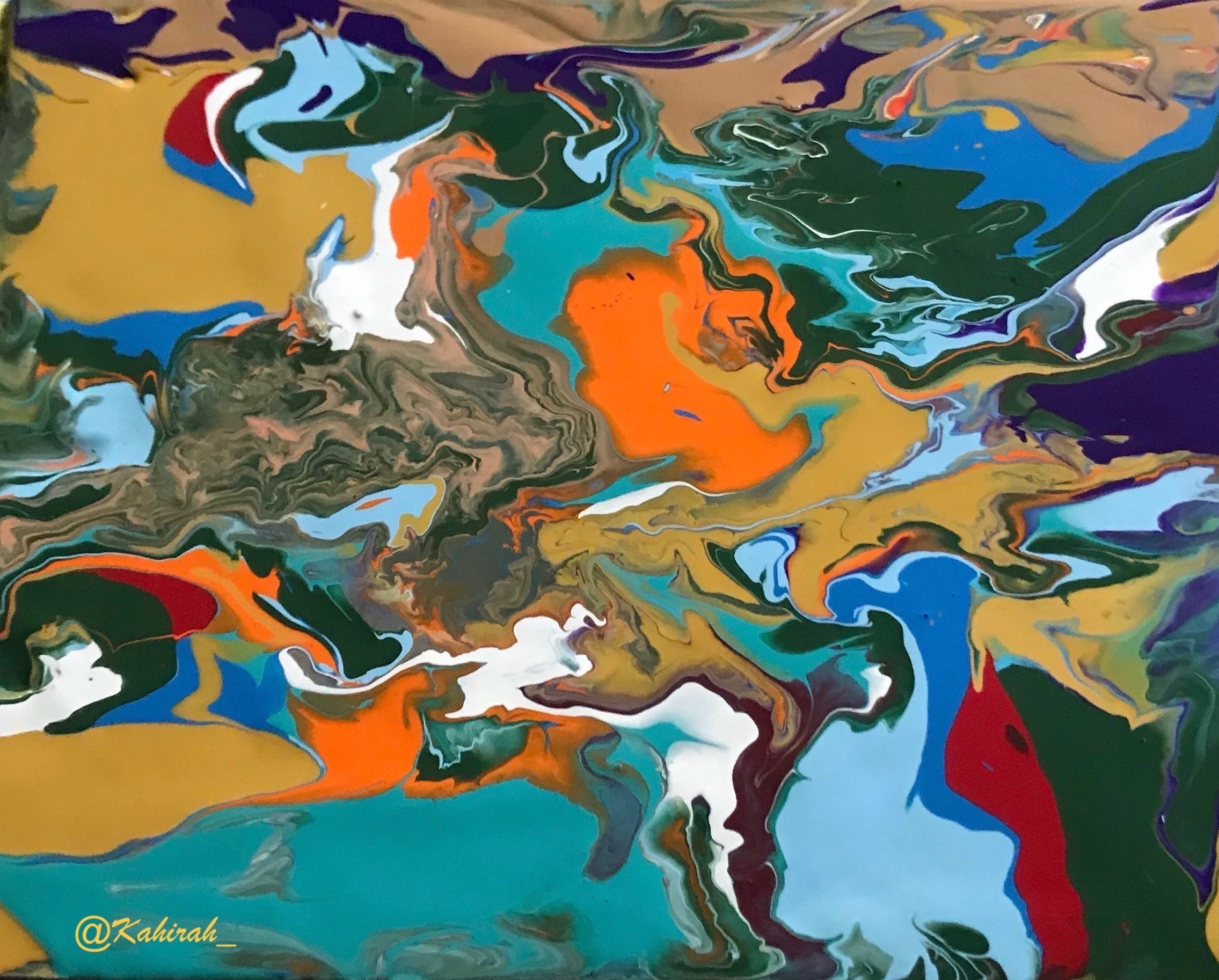 An abstract painting with swirls of various colors including blue, green, orange, red, white, yellow, purple, and black, creating a dynamic and vibrant composition.