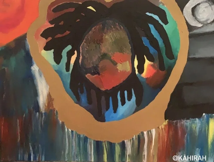 Close-up of a colorful painting of a person's face with dreadlocks, surrounded by abstract brushstrokes and vibrant colors.