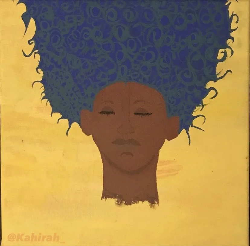 Portrait of a woman with closed eyes, brown skin, and vibrant, curly blue hair, set against a yellow background.