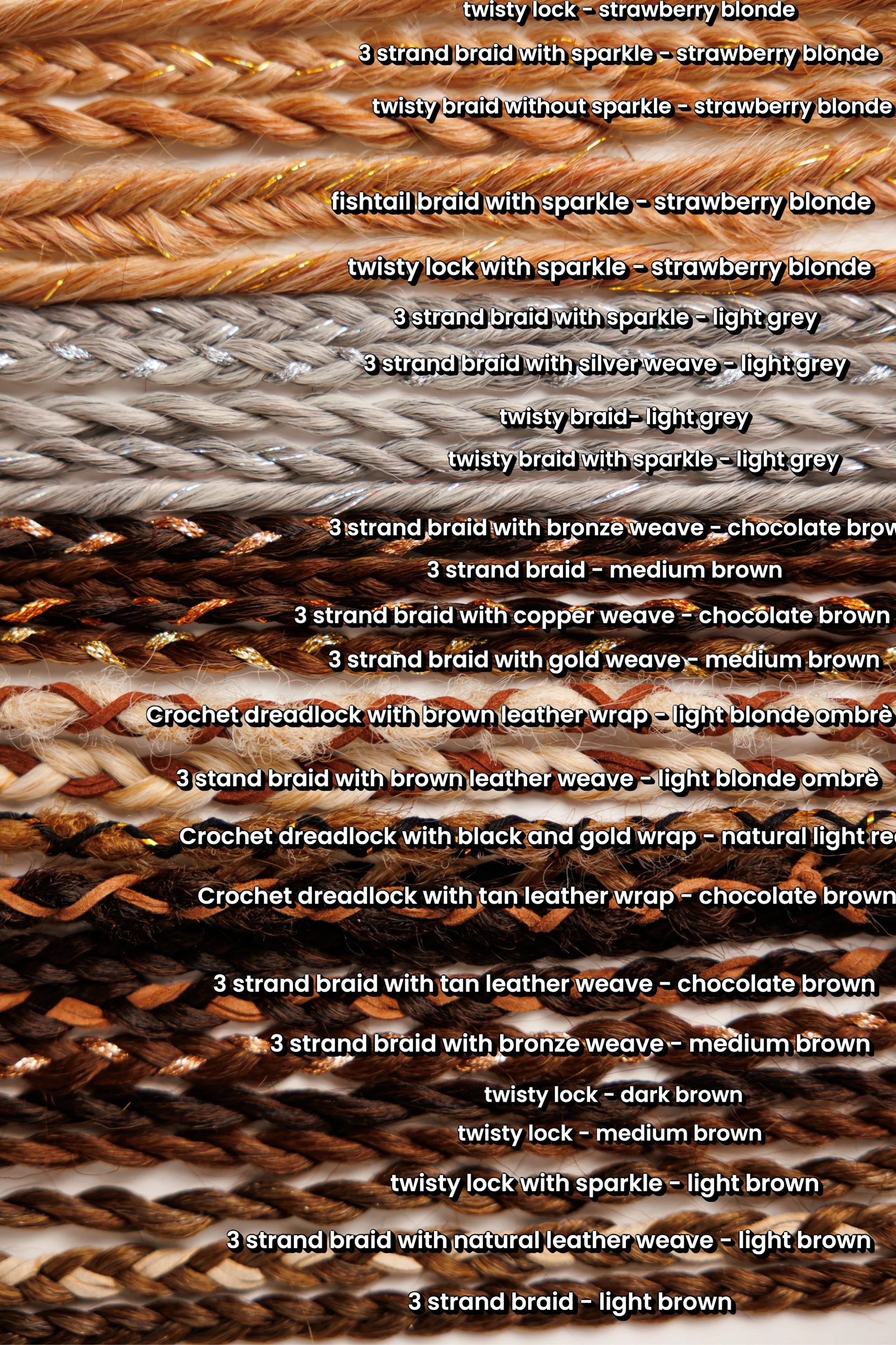 Collection of braided hair extensions with color options listed.