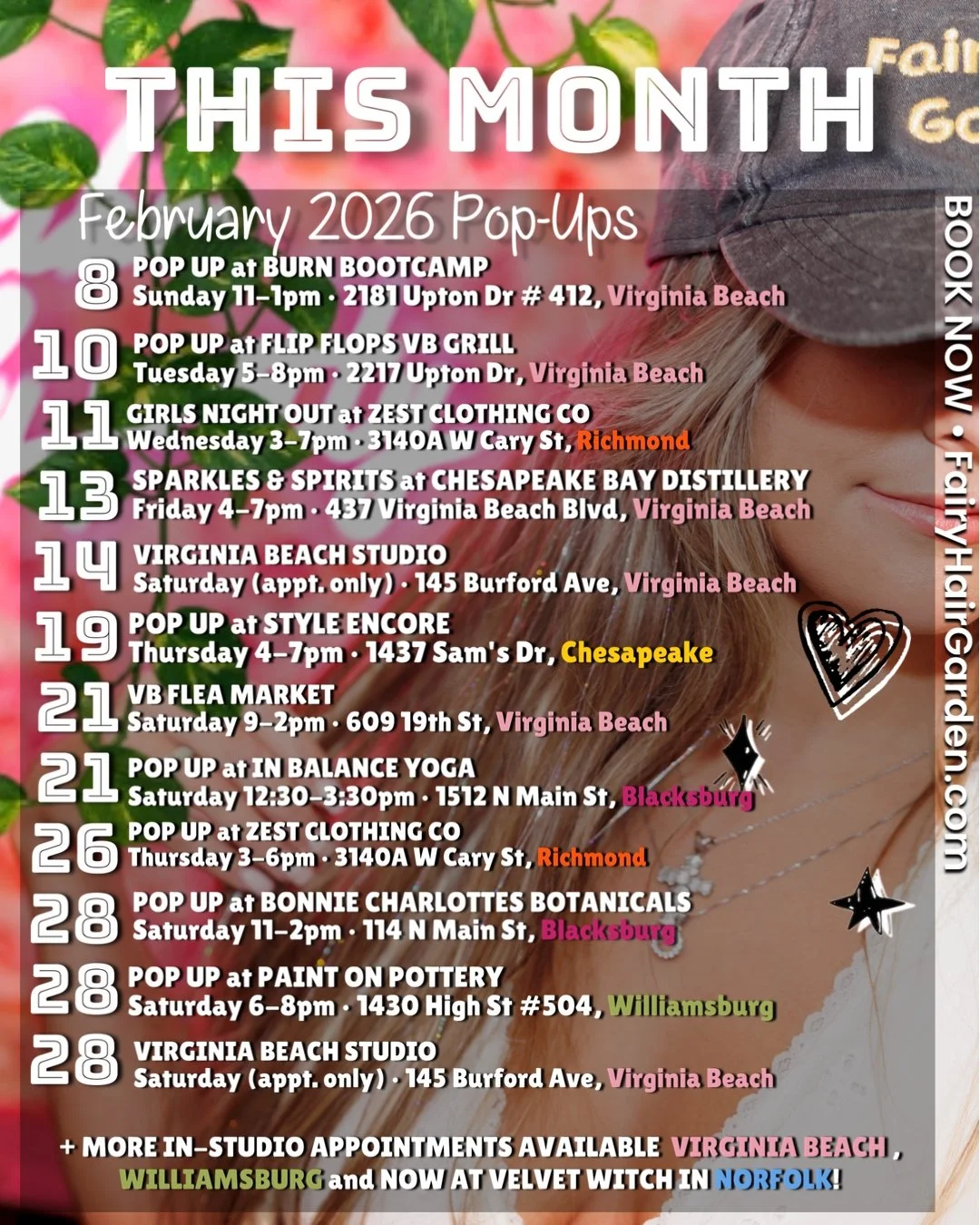 A colorful February 2026 events calendar listing various pop-up events, studio appointments, and markets in Virginia Beach, Richmond, Blacksburg, Williamsburg, and Norfolk, with some handwritten doodles like a heart, star, and diamond.