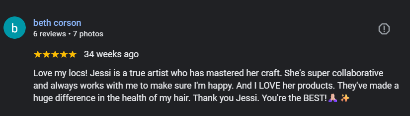 screenshot of one of the google review from Beth Corson