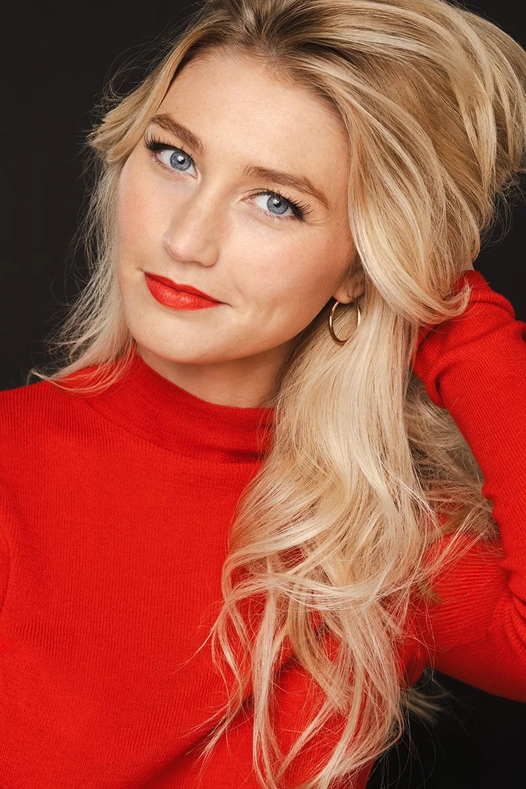 Austin actor headshot in a red top