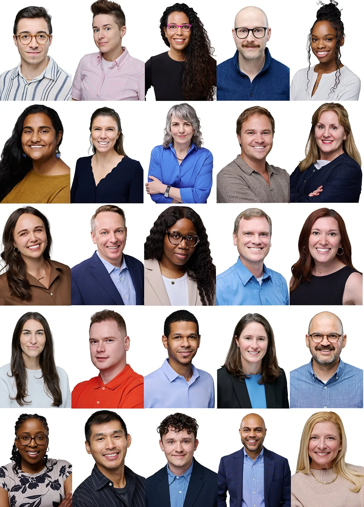 A diverse group of 49 young adults and professionals posing for a studio group portrait against a gray background. They are arranged in a grid, sitting on chairs, with various clothing styles and expressions.
