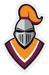 A cartoon-style illustration of a knight's helmet with a red plume, and a purple and gold collar around the neck.