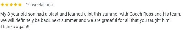 A review comment expressing gratitude for coaching and improvement in a child's development.