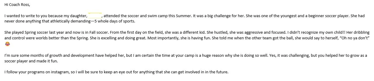 Screenshot of a letter addressed to Coach Ross from a parent praising their daughter's growth in soccer.