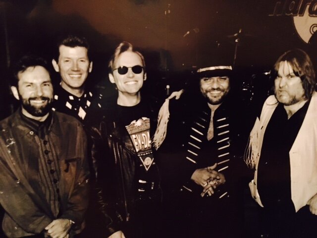 (L-R) Tony Brown, Larry Willoughby, Terry McBride, Gary Rossington and Ed King from Lynyrd Skynyrd after a TV performance for "Skynyrd Frynds," a tribute to Lynyrd Skynyrd
