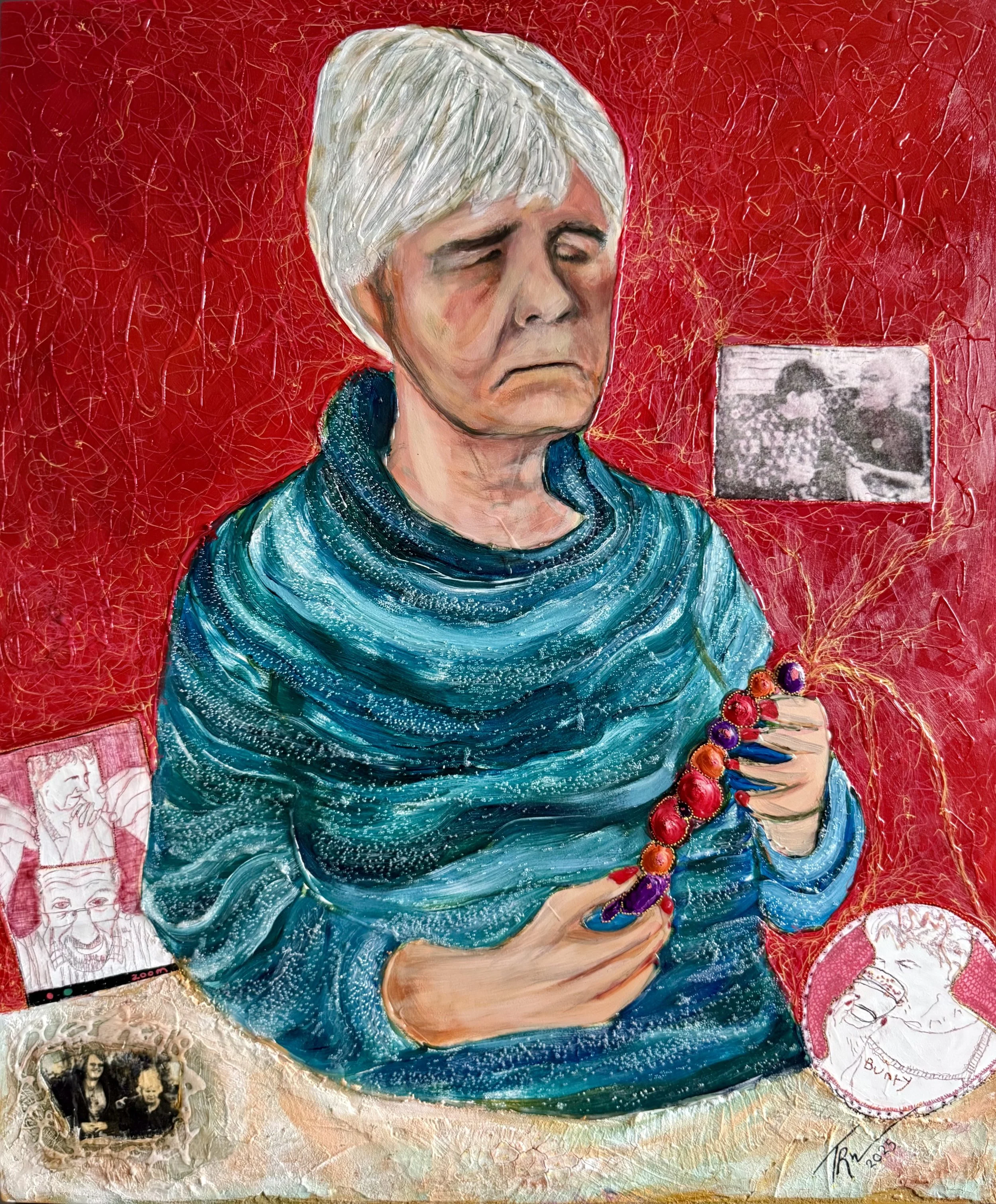 a touch textural portrait painting of Bunty the daughter of the co founder of the charity Sense.