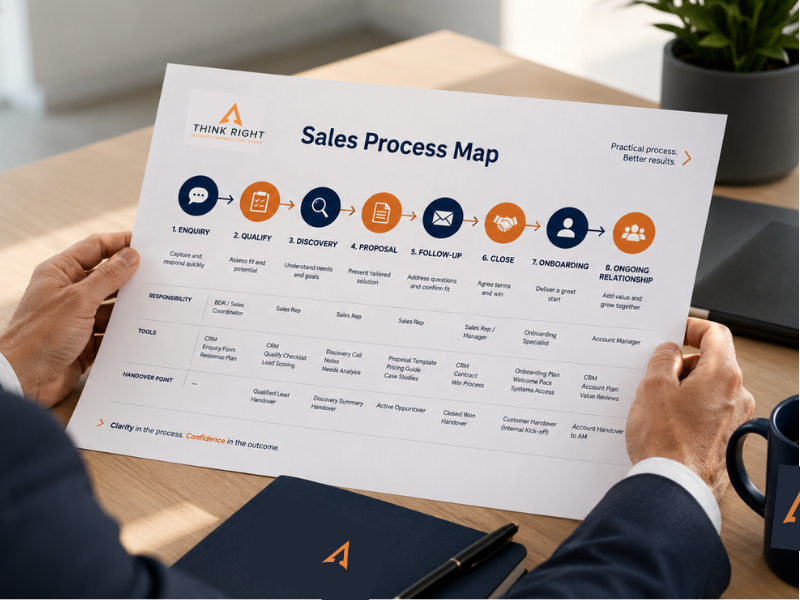 Sales Process Map reference document showing sales stages, responsibilities, tools and handover points.