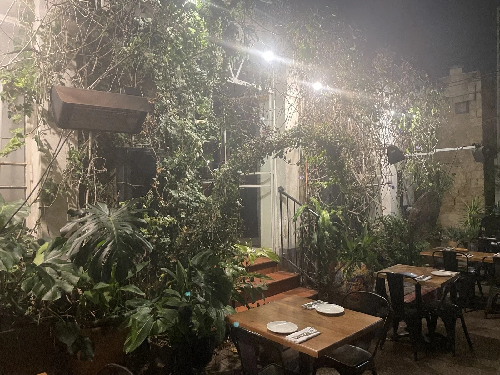 Verdant restaurant exterior with tables and chairs.