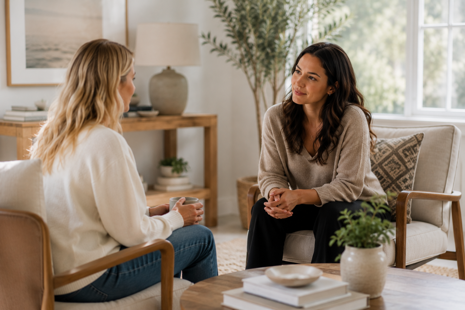Two women talking during a one-on-one life coaching session.