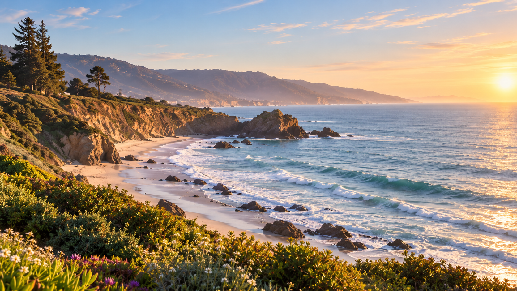 Coastal landscape at sunset