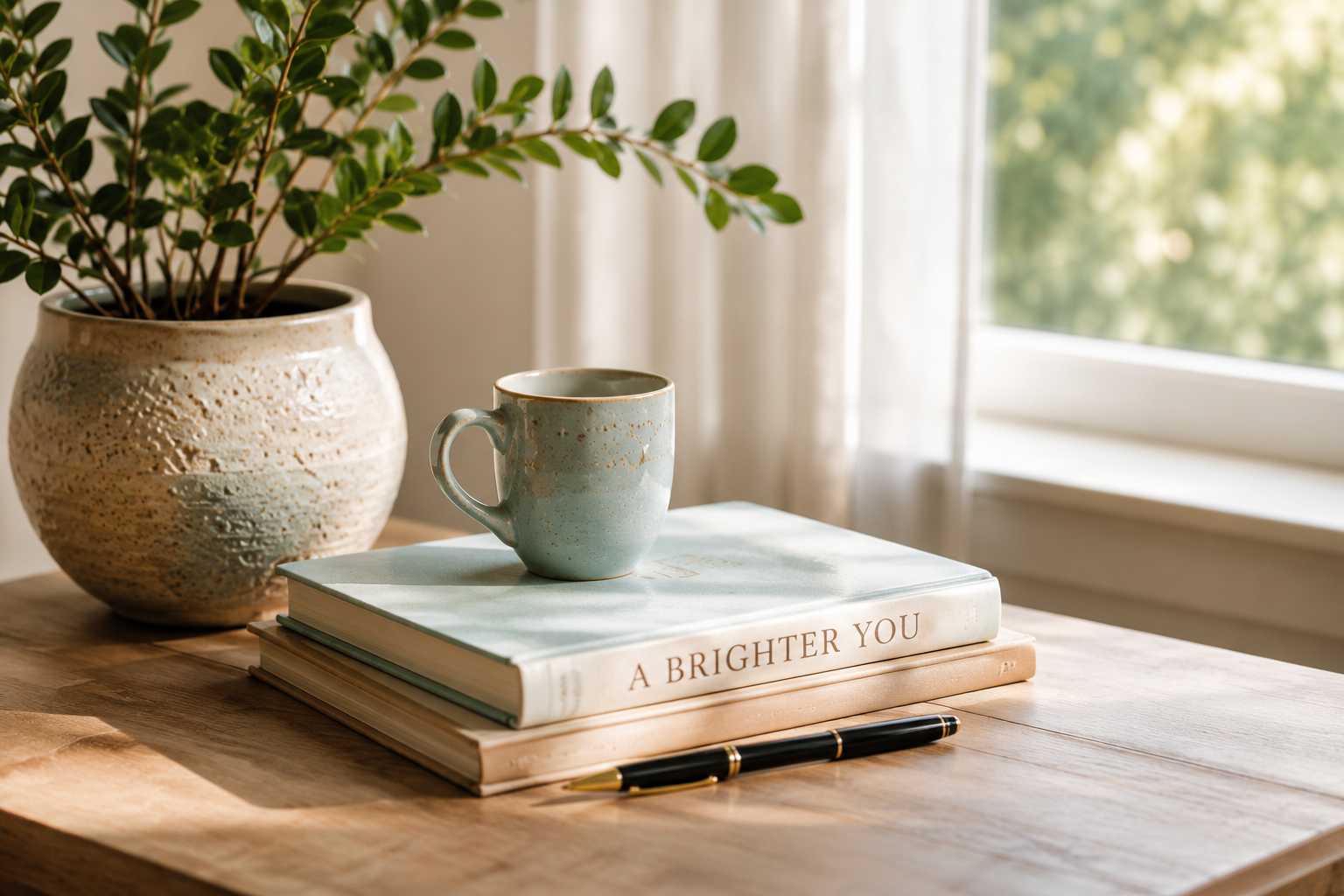 A peaceful coaching still life with plant, mug and books