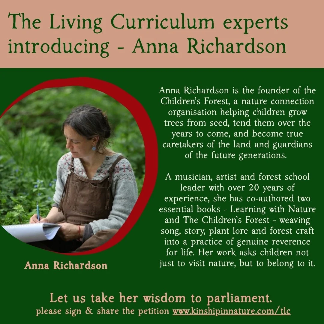 Welcoming our wisdom keeper, Anna Richardson 🌱

Anna is the founder of the Children's Forest, a nature connection organisation helping children grow trees from seed, tend them over the years to come, and become true caretakers of the land and guardi