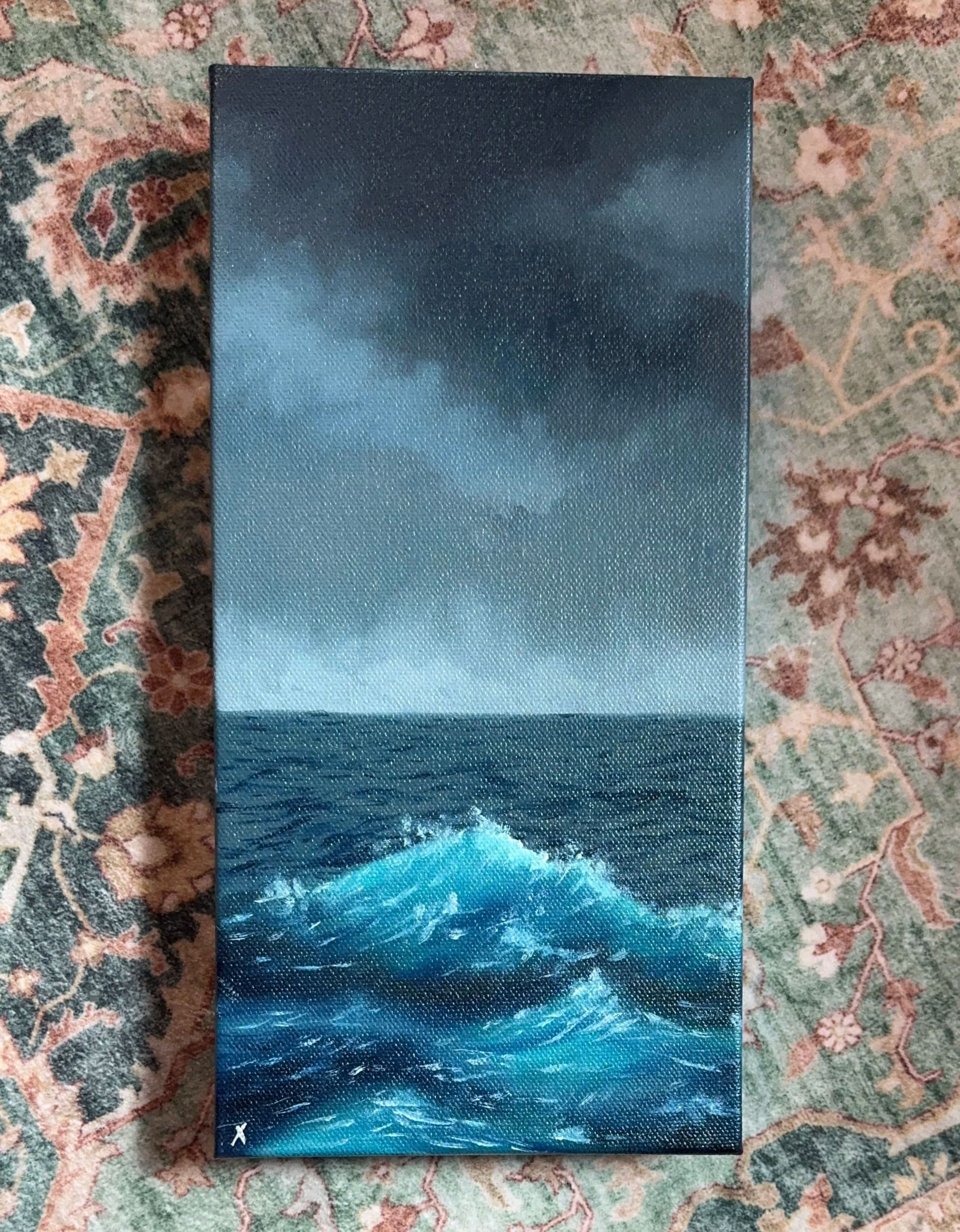 Winter Seascape after Amber, Oil on Canvas, 5x9" - $150