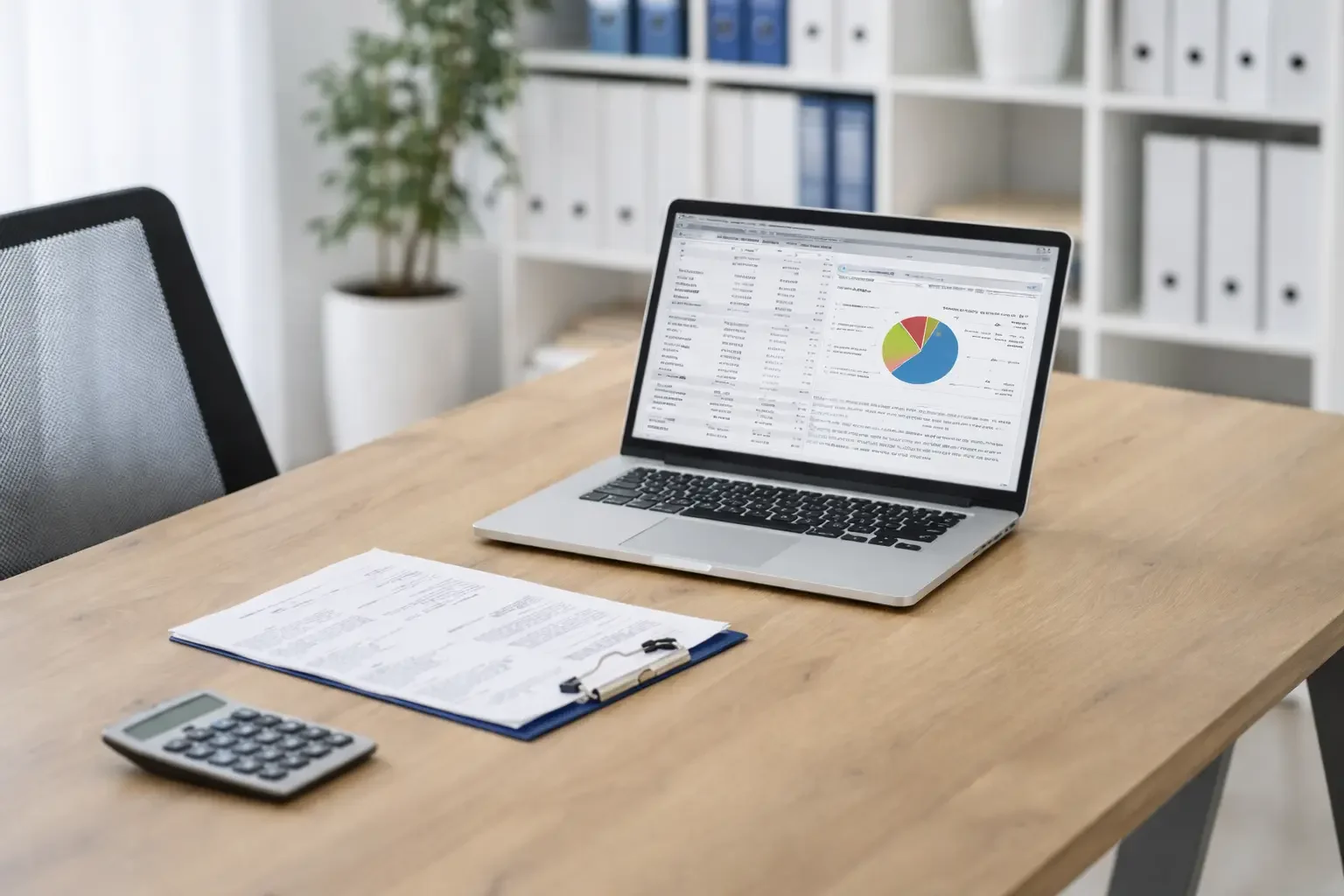 Bureau van een hypotheekadviseur met laptop, rekenmachine en documenten voor een hypotheekberekening