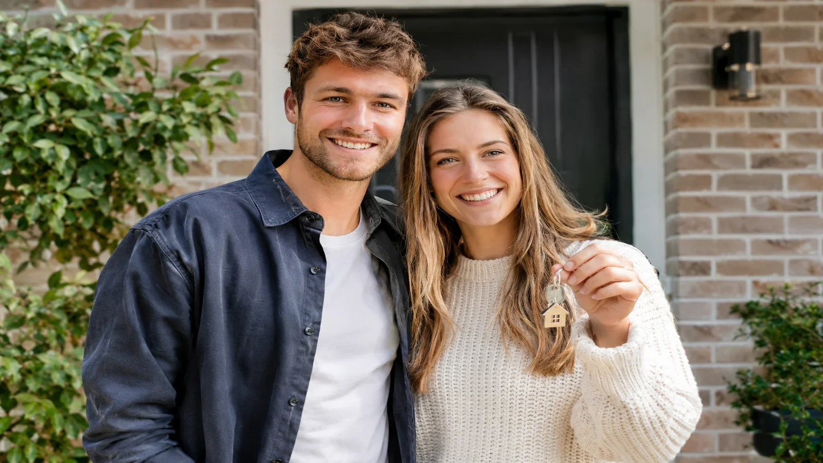 Blij jong stel met sleutel voor de voordeur van hun eerste huis - Hypotheekadvies starters