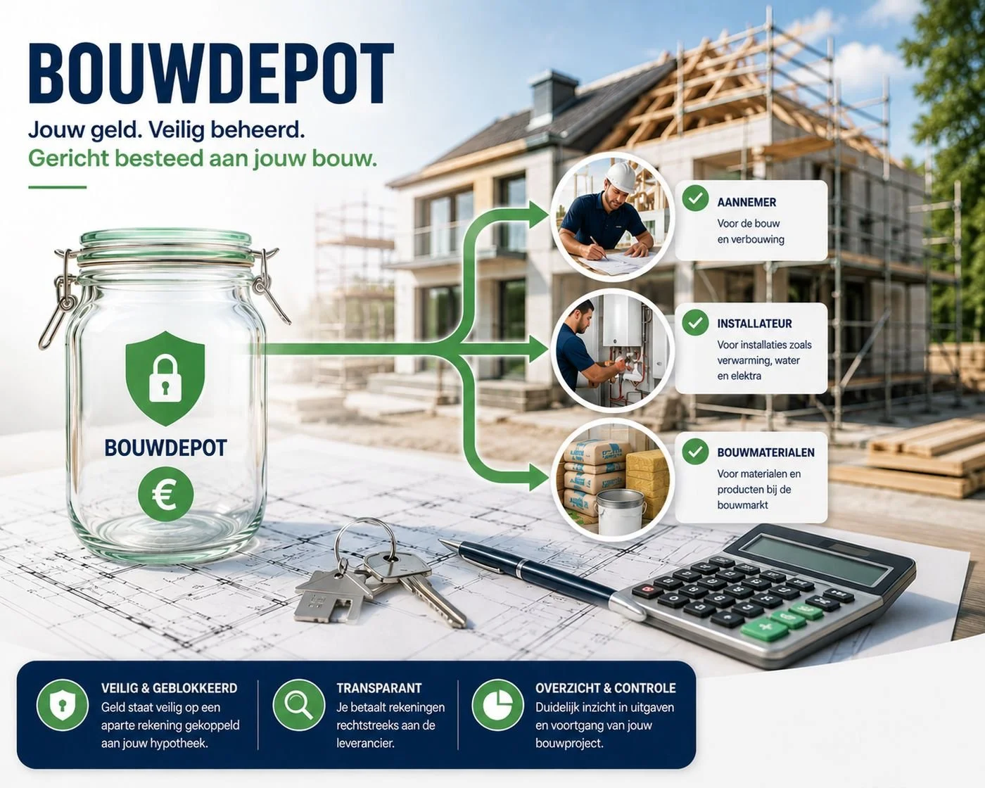 Infographic over de werking van een bouwdepot bij Advisiyo: van geblokkeerde bankrekening naar uitgaven voor aannemers, installateurs en bouwmaterialen.