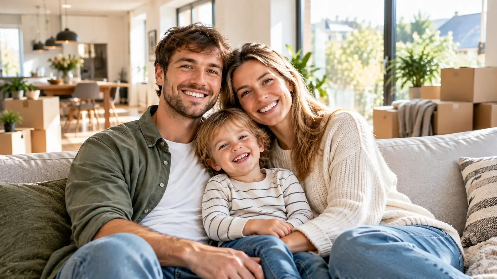 Gezin ontspannen op de bank in een lichte nieuwe woning met verhuisdozen – Hypotheek doorstromer