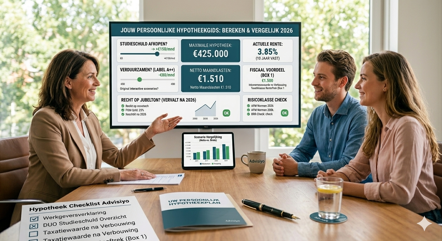Een onafhankelijk hypotheekadviseur van Advisiyo berekent de maximale hypotheek en netto maandlasten voor 2026 met een stel, inclusief een overzicht van de actuele rentestanden en verduurzamingsmogelijkheden.